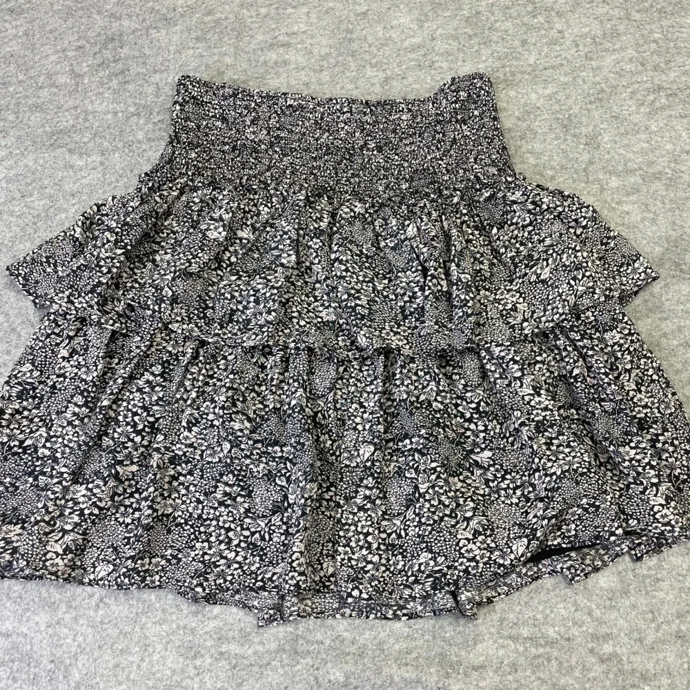 Anthropologie Floral Smocked Tiered Ruffle Mini Skirt S Boho Black White